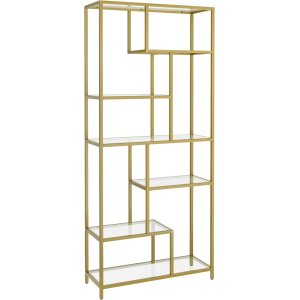 VASAGLE Bogreol, 6-etagers h�j reol, plantestativ, udstillingshylde, 30 x 80 x 180 cm, h�rdet glas, til arbejdsv�relse, kontor, stue, sovev�relse, k�kken, metallisk guld LGT502A01