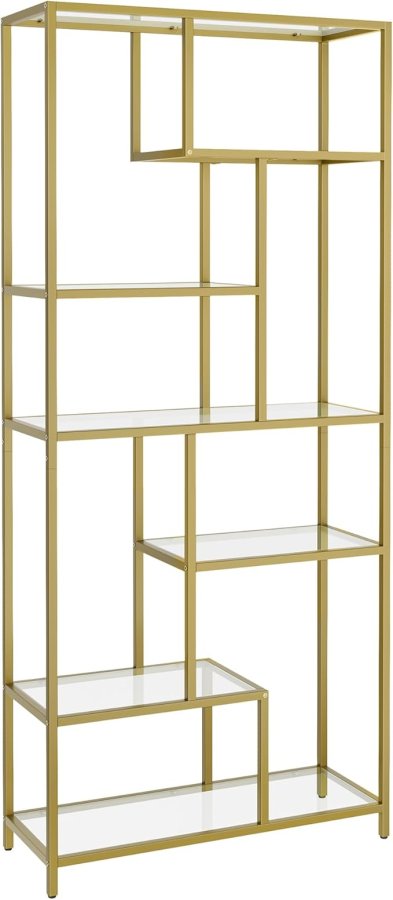 VASAGLE Bogreol, 6-etagers h�j reol, plantestativ, udstillingshylde, 30 x 80 x 180 cm, h�rdet glas, til arbejdsv�relse, kontor, stue, sovev�relse, k�kken, metallisk guld LGT502A01
