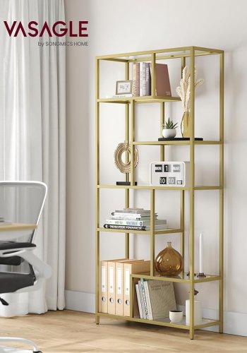 VASAGLE Bokhylla, 6-v�ningars h�g bokhylla, v�xtst�ll, displayhylla, 30 x 80 x 180 cm, h�rdat glas, f�r arbetsrum, kontor, vardagsrum, sovrum, k�k, metallic guld LGT502A01