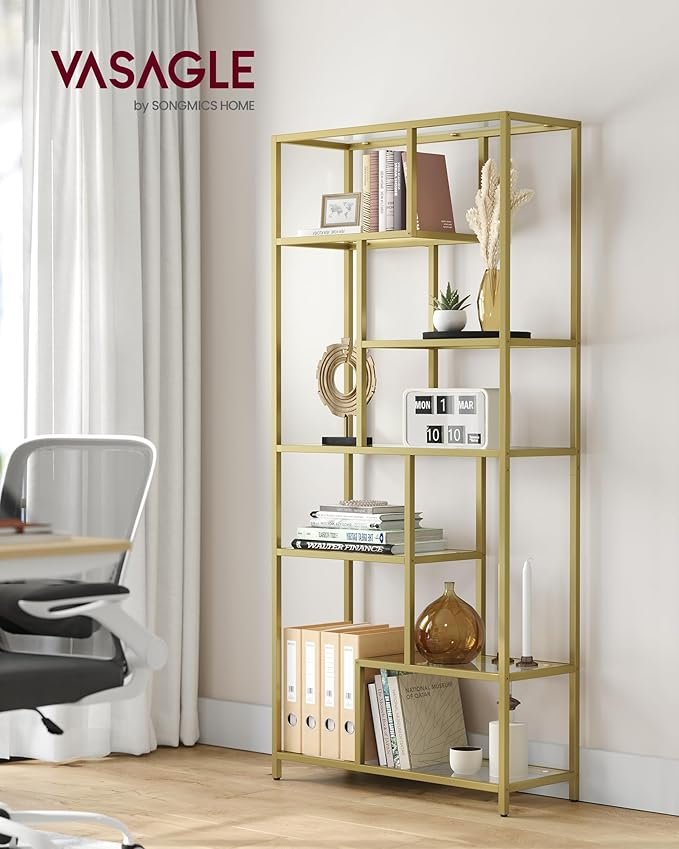 VASAGLE Bogreol, 6-etagers h�j reol, plantestativ, udstillingshylde, 30 x 80 x 180 cm, h�rdet glas, til arbejdsv�relse, kontor, stue, sovev�relse, k�kken, metallisk guld LGT502A01