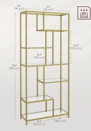 VASAGLE Bogreol, 6-etagers h�j reol, plantestativ, udstillingshylde, 30 x 80 x 180 cm, h�rdet glas, til arbejdsv�relse, kontor, stue, sovev�relse, k�kken, metallisk guld LGT502A01