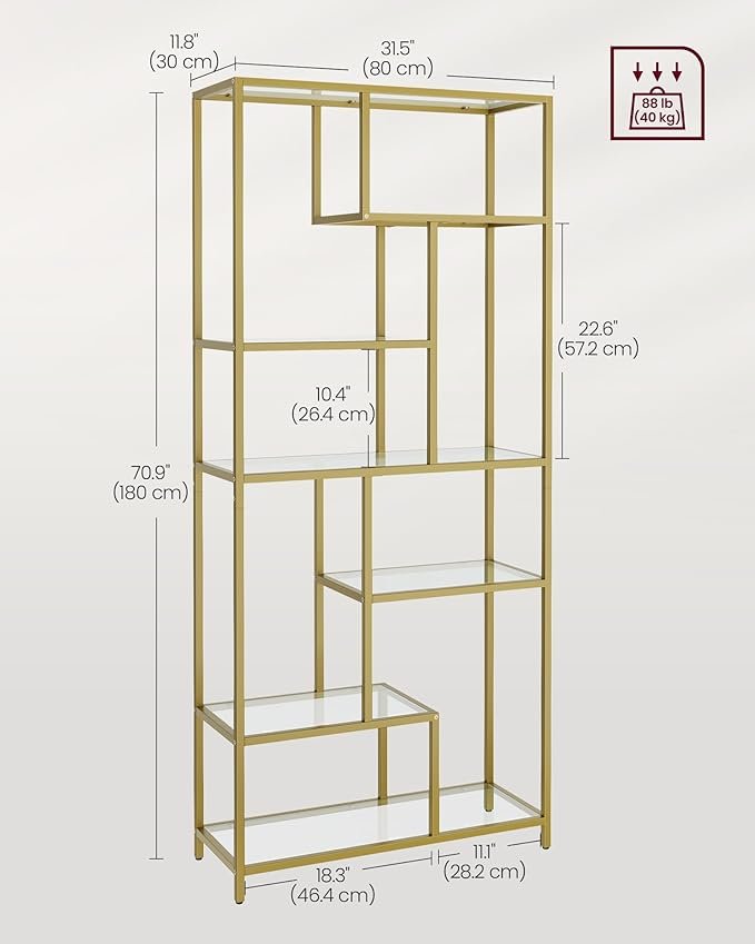 VASAGLE Bogreol, 6-etagers h�j reol, plantestativ, udstillingshylde, 30 x 80 x 180 cm, h�rdet glas, til arbejdsv�relse, kontor, stue, sovev�relse, k�kken, metallisk guld LGT502A01