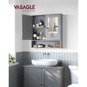 VASAGLE Badev�relsesskab med spejl, V�gskab med 2 spejld�re og �bent rum, justerbar hylde, v�gmonteret, 13 x 56,5 x 58,5 cm, duegr� LHC002G02