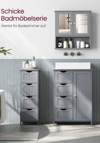 VASAGLE Badev�relsesskab med spejl, V�gskab med 2 spejld�re og �bent rum, justerbar hylde, v�gmonteret, 13 x 56,5 x 58,5 cm, duegr� LHC002G02