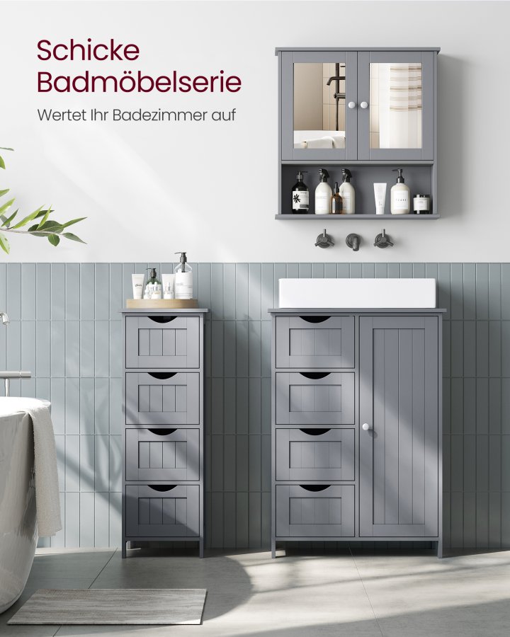 VASAGLE Badev�relsesskab med spejl, V�gskab med 2 spejld�re og �bent rum, justerbar hylde, v�gmonteret, 13 x 56,5 x 58,5 cm, duegr� LHC002G02