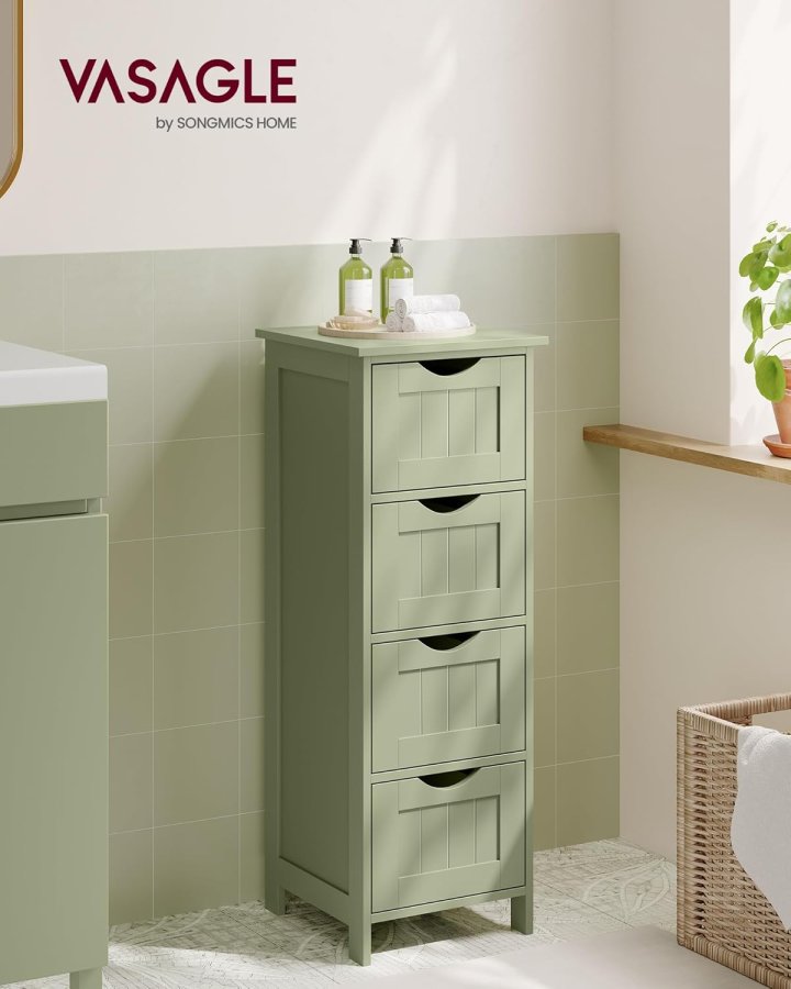 VASAGLE Badkamerkast, badev�relsekast, sidekast med 4 l�sset, 30 x 30 x 82 cm, til badev�relse, stue, spisestue, k�kken, moderne, lauriergroen LHC040C02