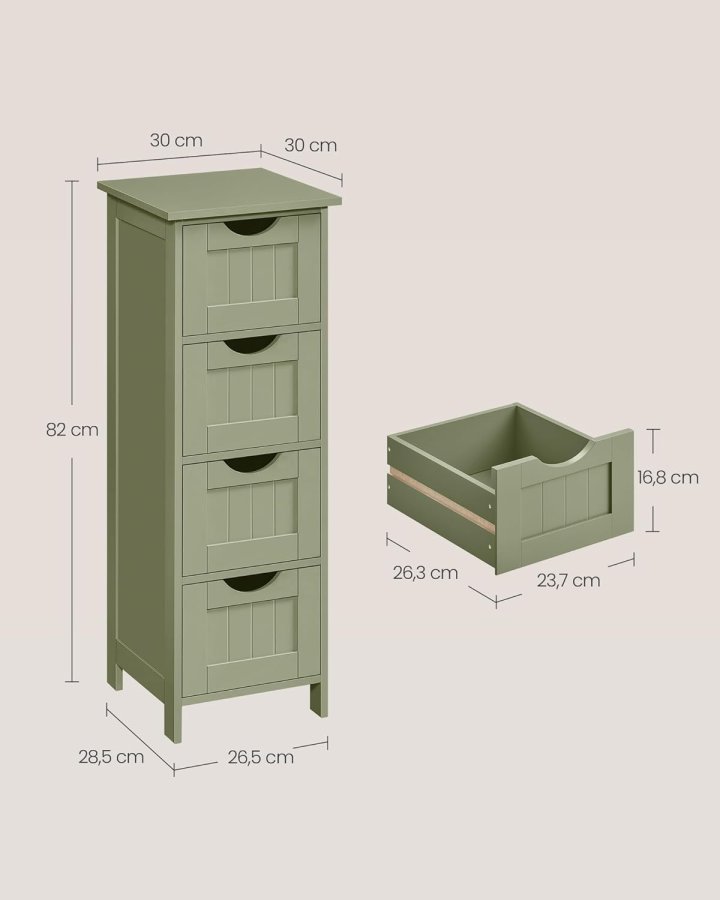 VASAGLE Badkamerkast, badev�relsekast, sidekast med 4 l�sset, 30 x 30 x 82 cm, til badev�relse, stue, spisestue, k�kken, moderne, lauriergroen LHC040C02