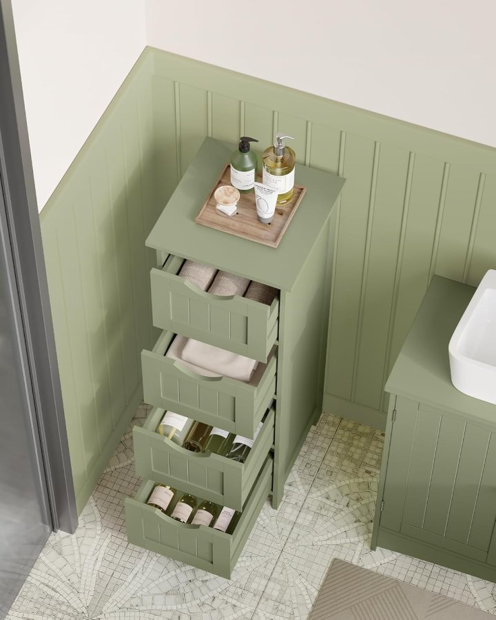 VASAGLE Badkamerkast, badev�relsekast, sidekast med 4 l�sset, 30 x 30 x 82 cm, til badev�relse, stue, spisestue, k�kken, moderne, lauriergroen LHC040C02