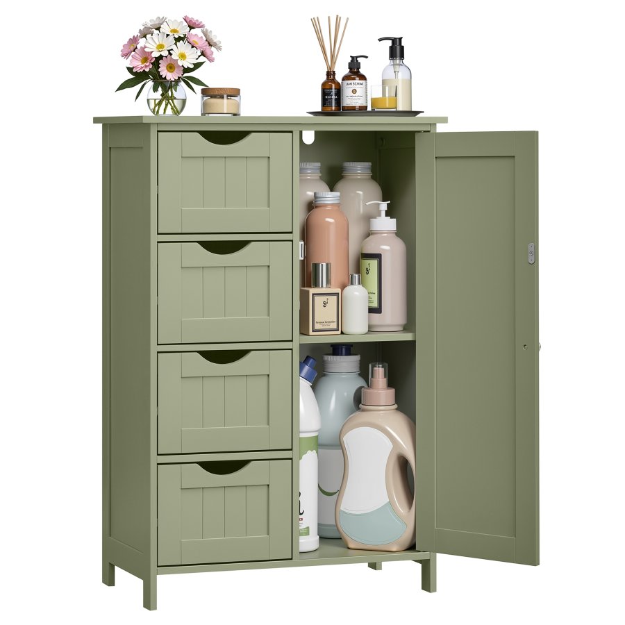VASAGLE Badev�relsesskab med opbevaring, Badev�relsesopbevaringsm�bel med 4 skuffer, Fritst�ende Badev�relsesskab, med 1 d�r, Justerbar hylde, 30 x 55 x 82 cm, Laurb�rgr�n LHC041C02