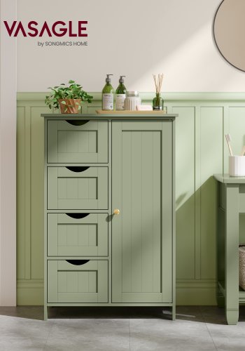 VASAGLE Badrumssk�p med f�rvaring, Badrumsf�rvaringsm�bel med 4 l�dor, Frist�ende badrumssk�p, med 1 d�rr, Justerbart hyllplan, 30 x 55 x 82 cm, Laurelgr�n LHC041C02