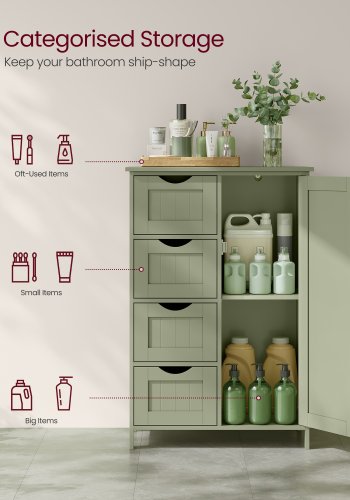 VASAGLE Badrumssk�p med f�rvaring, Badrumsf�rvaringsm�bel med 4 l�dor, Frist�ende badrumssk�p, med 1 d�rr, Justerbart hyllplan, 30 x 55 x 82 cm, Laurelgr�n LHC041C02