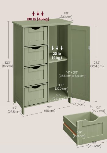 VASAGLE Badev�relsesskab med opbevaring, Badev�relsesopbevaringsm�bel med 4 skuffer, Fritst�ende Badev�relsesskab, med 1 d�r, Justerbar hylde, 30 x 55 x 82 cm, Laurb�rgr�n LHC041C02