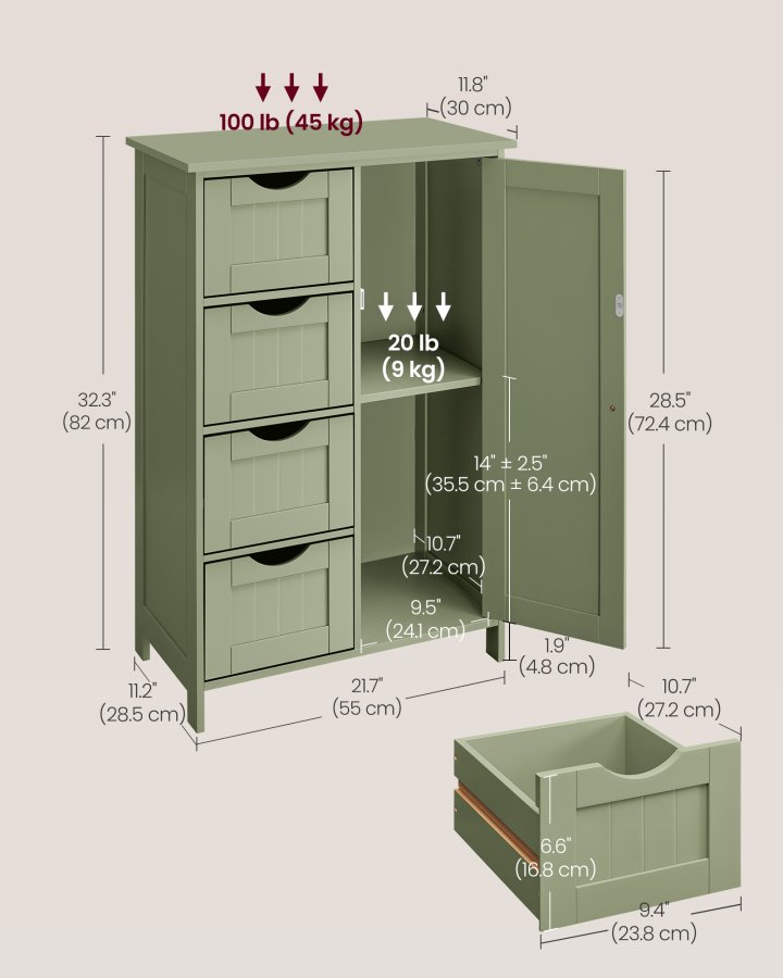VASAGLE Badev�relsesskab med opbevaring, Badev�relsesopbevaringsm�bel med 4 skuffer, Fritst�ende Badev�relsesskab, med 1 d�r, Justerbar hylde, 30 x 55 x 82 cm, Laurb�rgr�n LHC041C02