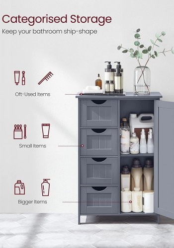 VASAGLE baderomsskap, m. 1 dr, 1 justerbar hylle, 4 skuffer - gr MDF
