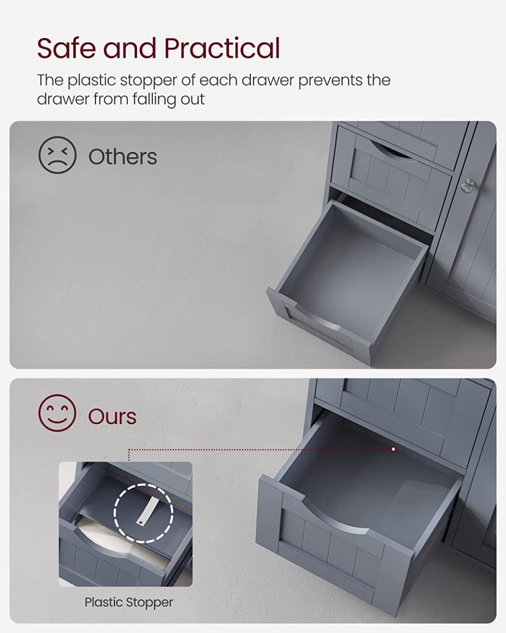 VASAGLE baderomsskap, m. 1 dr, 1 justerbar hylle, 4 skuffer - gr MDF