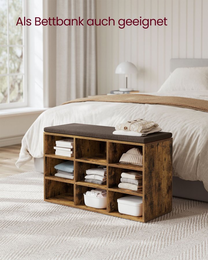 VASAGLE Skob�nk, Opbevaringsb�nk med Polstret S�de, med Hynde, 9 Rum, Justerbare Hylder, til Stue, Entre, 30,3 x 78,5 x 48 cm, Rustik Brun LHS009B01