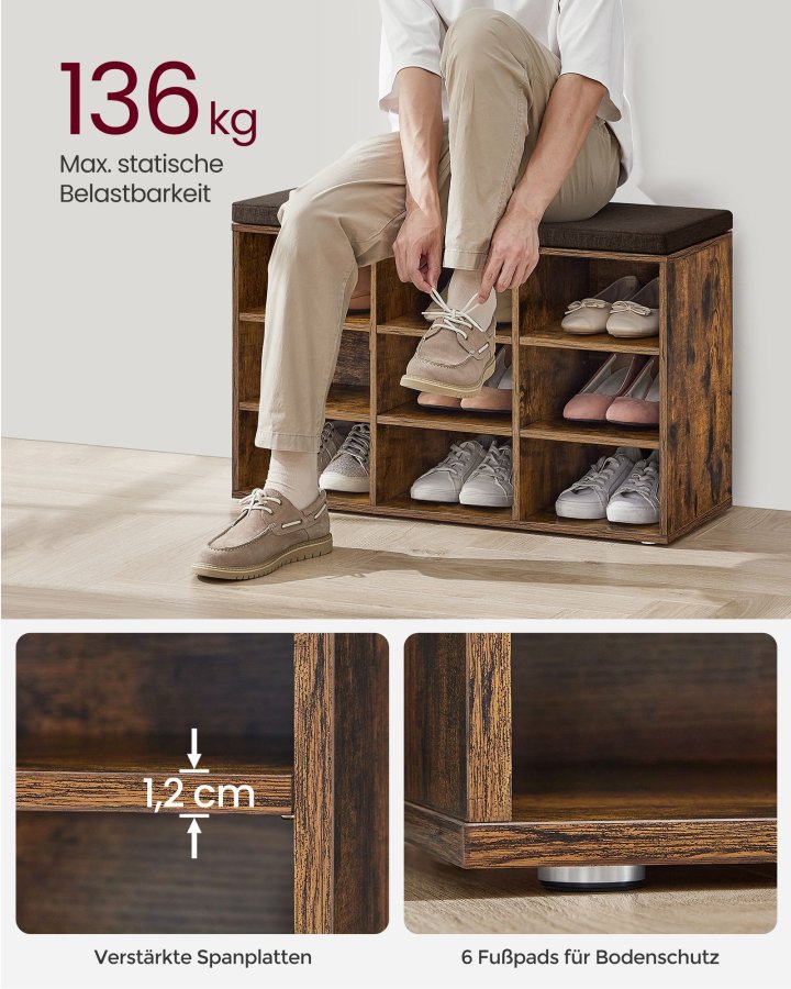 VASAGLE Skob�nk, Opbevaringsb�nk med Polstret S�de, med Hynde, 9 Rum, Justerbare Hylder, til Stue, Entre, 30,3 x 78,5 x 48 cm, Rustik Brun LHS009B01