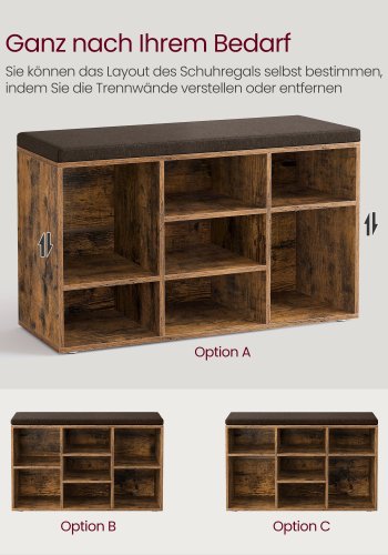 VASAGLE Skob�nk, Opbevaringsb�nk med Polstret S�de, med Hynde, 9 Rum, Justerbare Hylder, til Stue, Entre, 30,3 x 78,5 x 48 cm, Rustik Brun LHS009B01