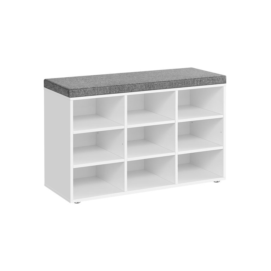 VASAGLE Skob�nk med hynde, Opbevaringsb�nk med Polstret S�de, Entreb�nk med 9 Rum, Justerbare Hylder, til Sovev�relse, 28 x 81 x 46 cm, Hvid og Gr� LHS009W14