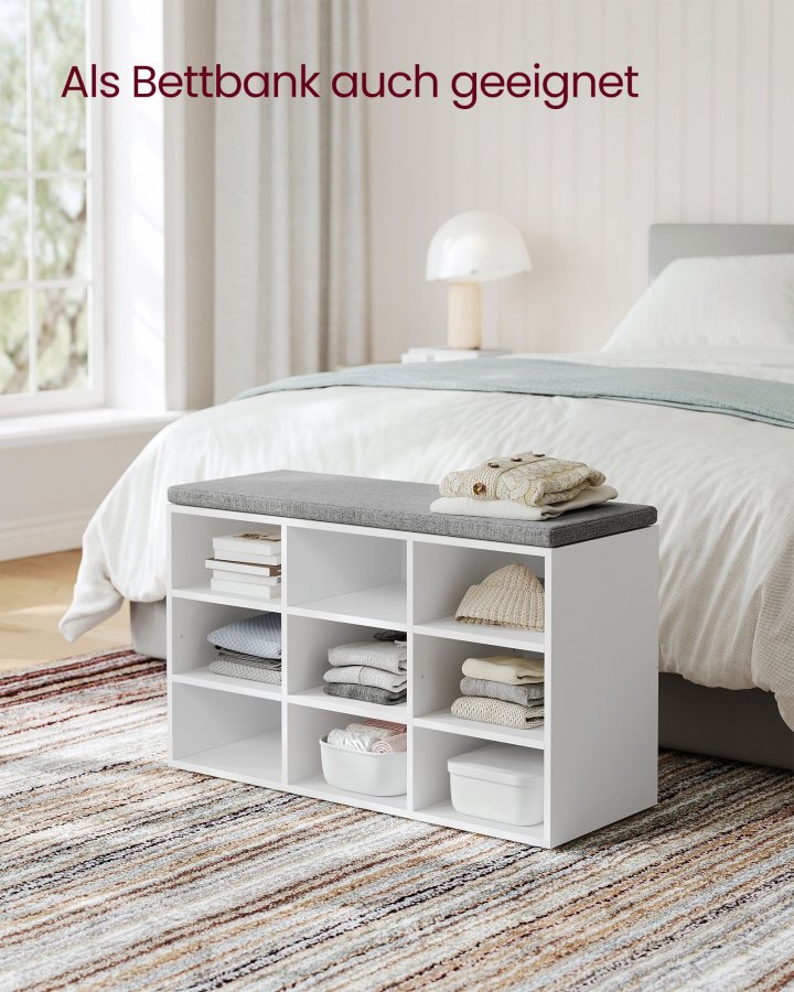 VASAGLE Skob�nk med hynde, Opbevaringsb�nk med Polstret S�de, Entreb�nk med 9 Rum, Justerbare Hylder, til Sovev�relse, 28 x 81 x 46 cm, Hvid og Gr� LHS009W14