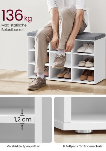VASAGLE Skob�nk med hynde, Opbevaringsb�nk med Polstret S�de, Entreb�nk med 9 Rum, Justerbare Hylder, til Sovev�relse, 28 x 81 x 46 cm, Hvid og Gr� LHS009W14