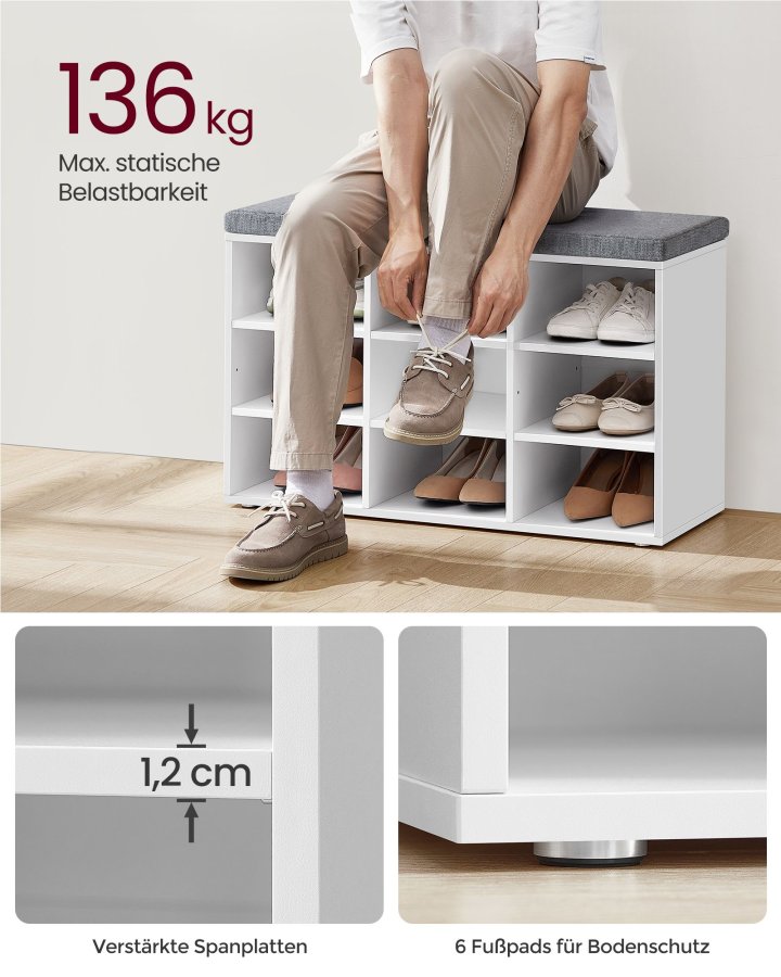VASAGLE Skob�nk med hynde, Opbevaringsb�nk med Polstret S�de, Entreb�nk med 9 Rum, Justerbare Hylder, til Sovev�relse, 28 x 81 x 46 cm, Hvid og Gr� LHS009W14