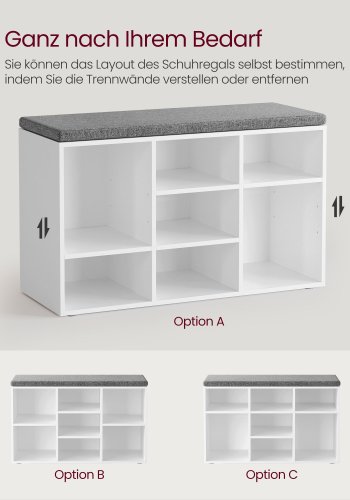 VASAGLE Skob�nk med hynde, Opbevaringsb�nk med Polstret S�de, Entreb�nk med 9 Rum, Justerbare Hylder, til Sovev�relse, 28 x 81 x 46 cm, Hvid og Gr� LHS009W14