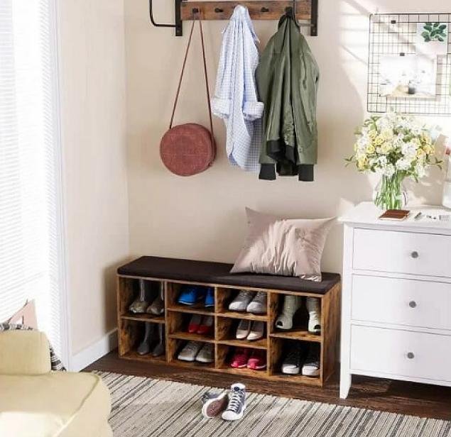 VASAGLE polstret oppbevaringsbenk med hyller (104x30 cm)