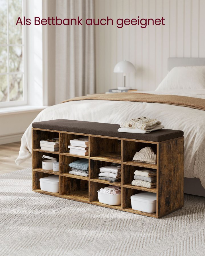 VASAGLE Skob�nk, Opbevaringsb�nk med Polstret S�de, med Hynde, 12 Rum, Justerbare Hylder, til Stue, Entre, 30,3 x 104 x 48 cm, Rustik Brun LHS012B01