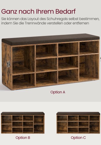 VASAGLE Skob�nk, Opbevaringsb�nk med Polstret S�de, med Hynde, 12 Rum, Justerbare Hylder, til Stue, Entre, 30,3 x 104 x 48 cm, Rustik Brun LHS012B01