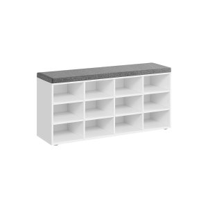 VASAGLE Skob�nk med hynde, Opbevaringsb�nk med polstret s�de, Entreb�nk med 12 rum, Justerbare hylder, til Sovev�relse, 28 x 102 x 46 cm, Hvid og Gr� LHS012W14