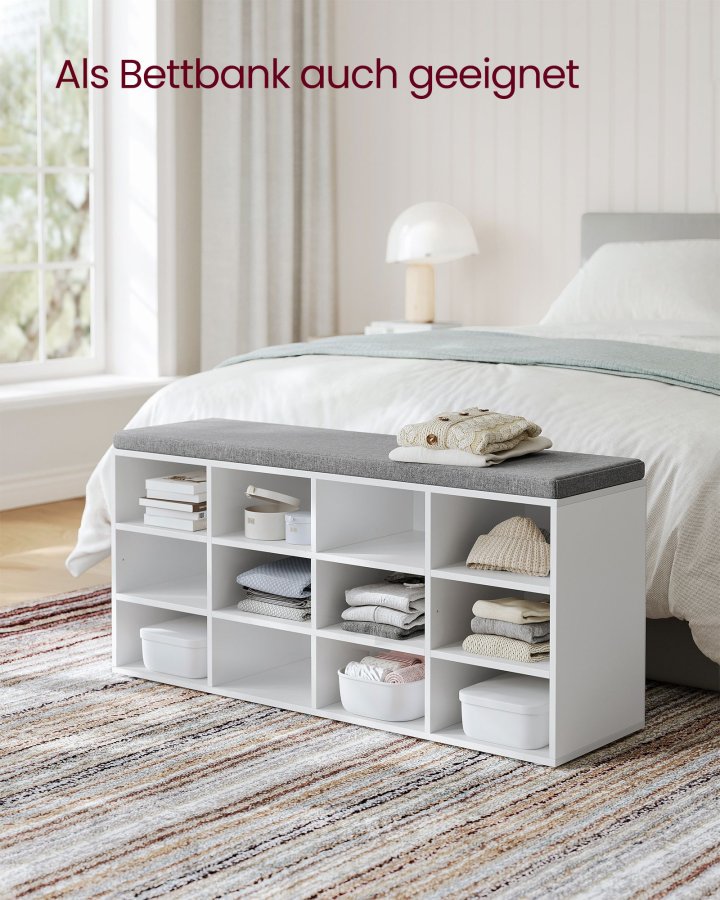 VASAGLE Skob�nk med hynde, Opbevaringsb�nk med polstret s�de, Entreb�nk med 12 rum, Justerbare hylder, til Sovev�relse, 28 x 102 x 46 cm, Hvid og Gr� LHS012W14