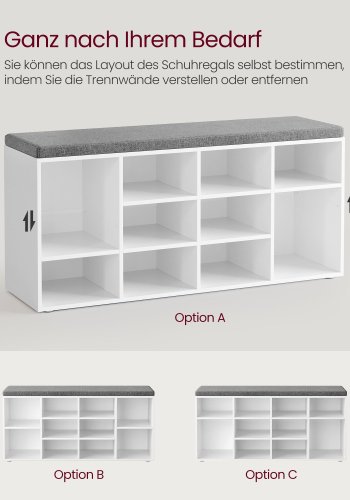 VASAGLE Skob�nk med hynde, Opbevaringsb�nk med polstret s�de, Entreb�nk med 12 rum, Justerbare hylder, til Sovev�relse, 28 x 102 x 46 cm, Hvid og Gr� LHS012W14