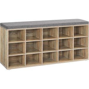 VASAGLE Skoreol, skob�nk med s�de, skoskab med hynde, 15 �bne opbevaringsrum, 30 x 105 x 48 cm, til entr&eacute;, sovev�relse, stue, entr&eacute;, eg med bl� �retegning og gr� LHS015T60