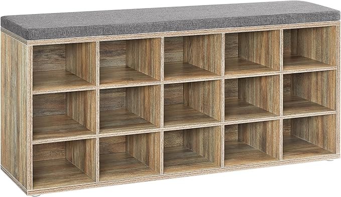 VASAGLE Skoreol, skob�nk med s�de, skoskab med hynde, 15 �bne opbevaringsrum, 30 x 105 x 48 cm, til entr&eacute;, sovev�relse, stue, entr&eacute;, eg med bl� �retegning og gr� LHS015T60