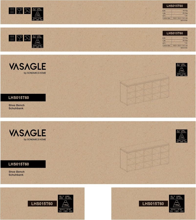 VASAGLE Skoreol, skob�nk med s�de, skoskab med hynde, 15 �bne opbevaringsrum, 30 x 105 x 48 cm, til entr&eacute;, sovev�relse, stue, entr&eacute;, eg med bl� �retegning og gr� LHS015T60