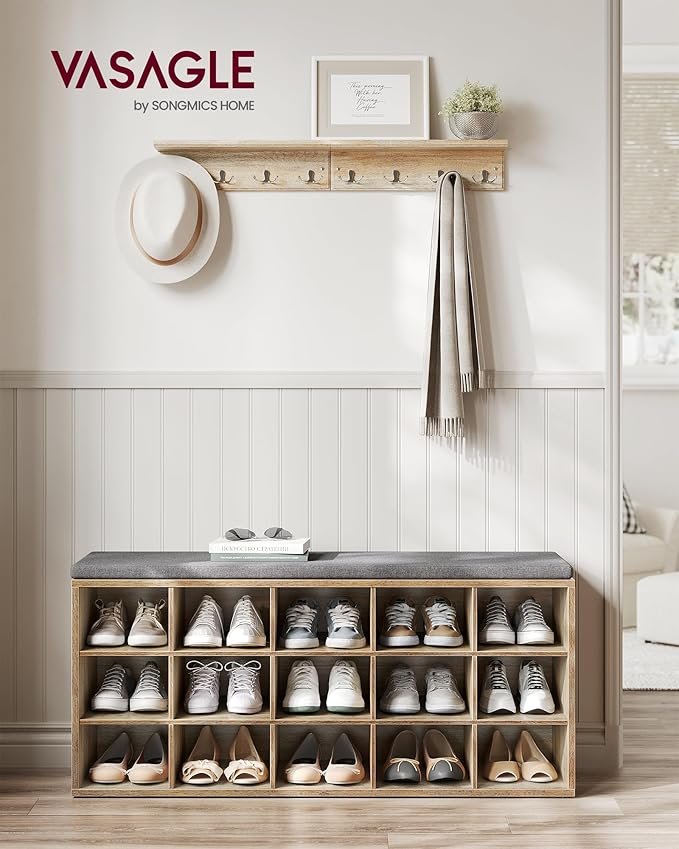 VASAGLE Skoreol, skob�nk med s�de, skoskab med hynde, 15 �bne opbevaringsrum, 30 x 105 x 48 cm, til entr&eacute;, sovev�relse, stue, entr&eacute;, eg med bl� �retegning og gr� LHS015T60