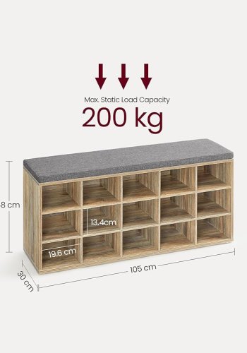VASAGLE Skoreol, skob�nk med s�de, skoskab med hynde, 15 �bne opbevaringsrum, 30 x 105 x 48 cm, til entr&eacute;, sovev�relse, stue, entr&eacute;, eg med bl� �retegning og gr� LHS015T60