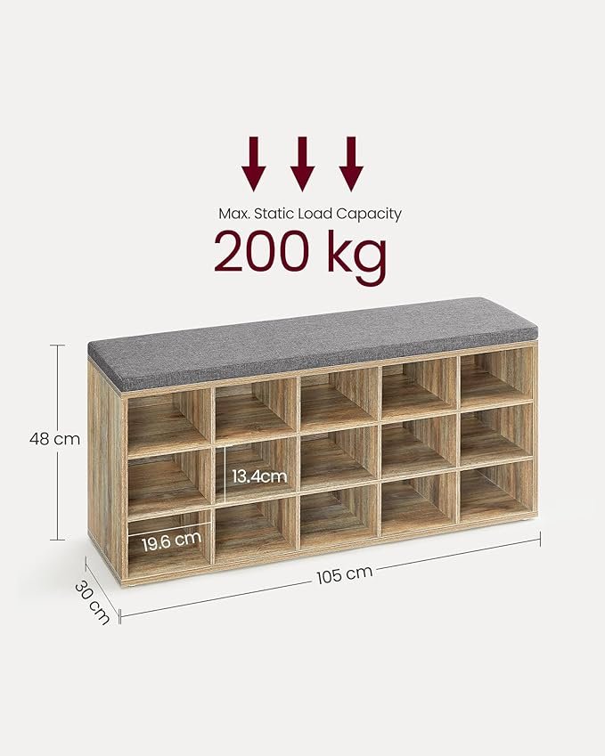 VASAGLE Skoreol, skob�nk med s�de, skoskab med hynde, 15 �bne opbevaringsrum, 30 x 105 x 48 cm, til entr&eacute;, sovev�relse, stue, entr&eacute;, eg med bl� �retegning og gr� LHS015T60
