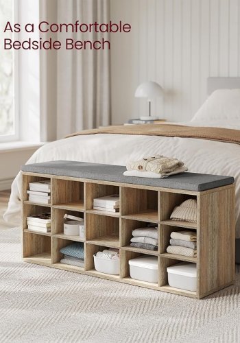VASAGLE Skoreol, skob�nk med s�de, skoskab med hynde, 15 �bne opbevaringsrum, 30 x 105 x 48 cm, til entr&eacute;, sovev�relse, stue, entr&eacute;, eg med bl� �retegning og gr� LHS015T60