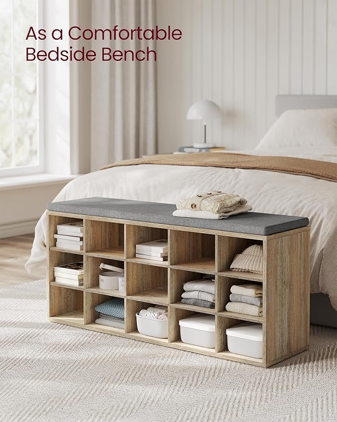 VASAGLE Skoreol, skob�nk med s�de, skoskab med hynde, 15 �bne opbevaringsrum, 30 x 105 x 48 cm, til entr&eacute;, sovev�relse, stue, entr&eacute;, eg med bl� �retegning og gr� LHS015T60