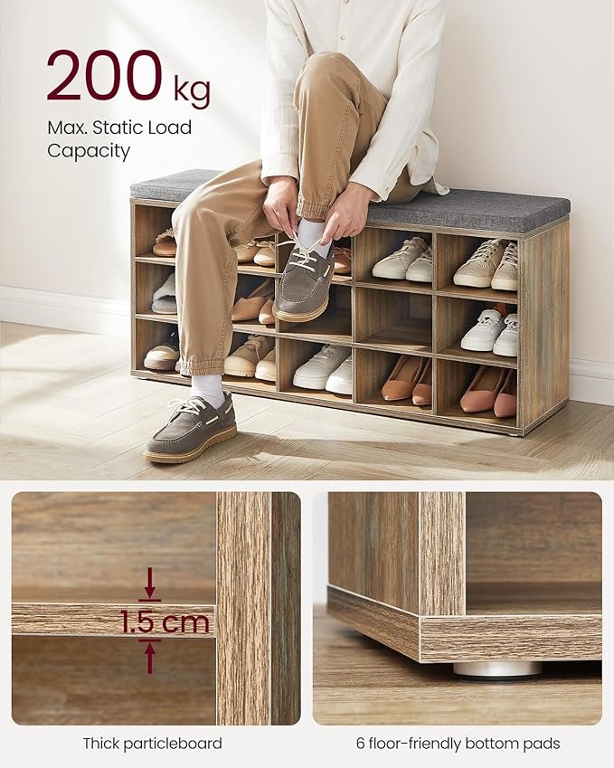 VASAGLE Skoreol, skob�nk med s�de, skoskab med hynde, 15 �bne opbevaringsrum, 30 x 105 x 48 cm, til entr&eacute;, sovev�relse, stue, entr&eacute;, eg med bl� �retegning og gr� LHS015T60