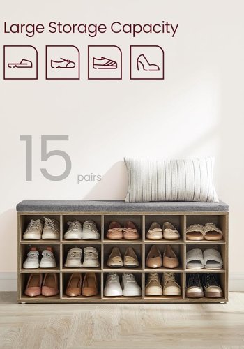 VASAGLE Skoreol, skob�nk med s�de, skoskab med hynde, 15 �bne opbevaringsrum, 30 x 105 x 48 cm, til entr&eacute;, sovev�relse, stue, entr&eacute;, eg med bl� �retegning og gr� LHS015T60