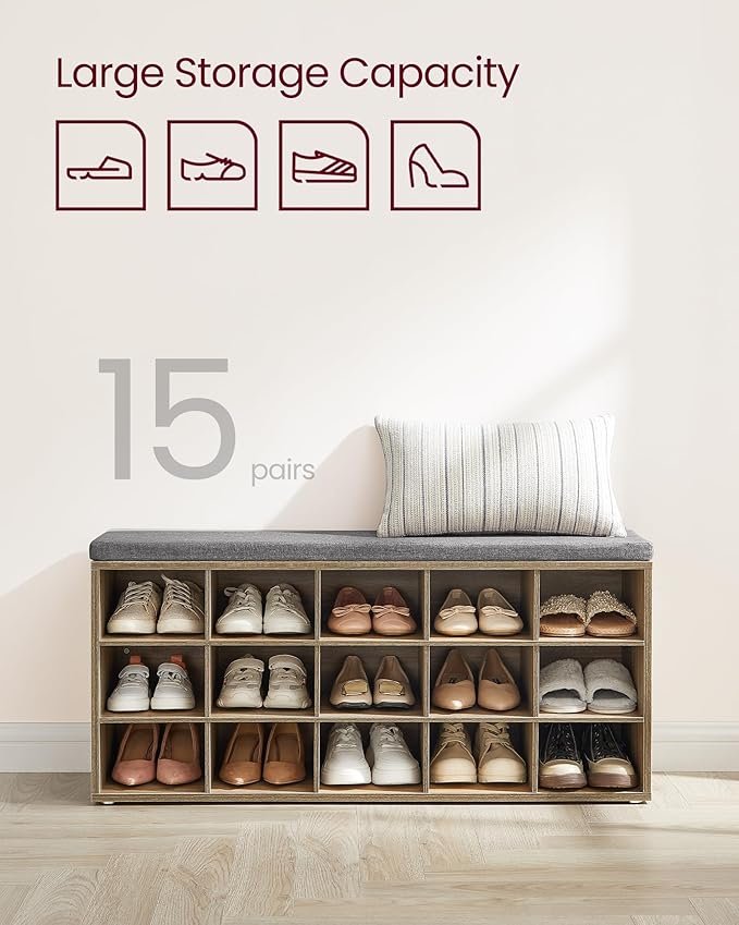 VASAGLE Skoreol, skob�nk med s�de, skoskab med hynde, 15 �bne opbevaringsrum, 30 x 105 x 48 cm, til entr&eacute;, sovev�relse, stue, entr&eacute;, eg med bl� �retegning og gr� LHS015T60