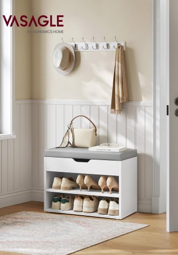 VASAGLE Schuhbank, Schuhablage mit gepolstertem Kissen, Schuhorganizer mit 3 Ebenen, 30 x 60 x 44 cm, f�r Eingangsbereich, Wohnzimmer und Schlafzimmer, Wolkenwei� LHS020W01