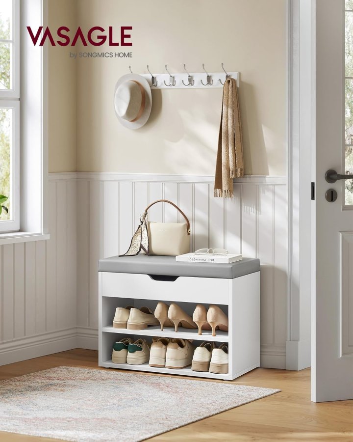 VASAGLE Skob�nk, B�nk, Skohylde med polstret hynde, Skoorganisator med 3 niveauer, 30 x 60 x 44 cm, til entr&eacute;, stue og sovev�relse, Cloud White LHS020W01