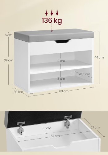 VASAGLE Skob�nk, B�nk, Skohylde med polstret hynde, Skoorganisator med 3 niveauer, 30 x 60 x 44 cm, til entr&eacute;, stue og sovev�relse, Cloud White LHS020W01