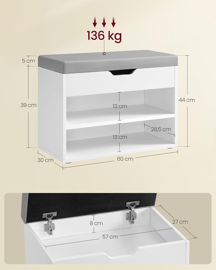 VASAGLE Skob�nk, B�nk, Skohylde med polstret hynde, Skoorganisator med 3 niveauer, 30 x 60 x 44 cm, til entr&eacute;, stue og sovev�relse, Cloud White LHS020W01
