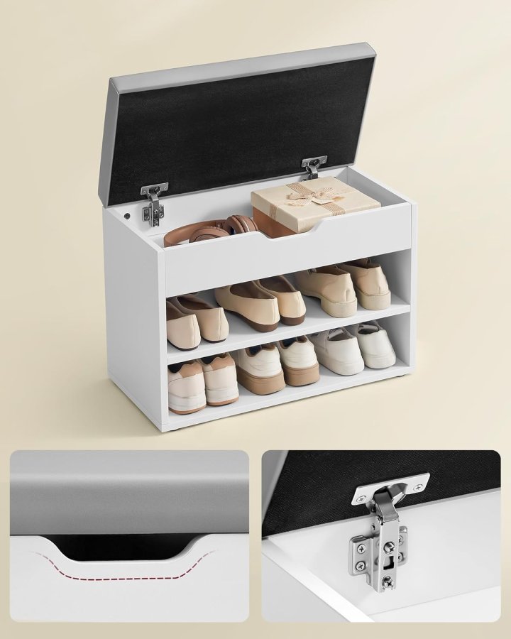 VASAGLE Skob�nk, B�nk, Skohylde med polstret hynde, Skoorganisator med 3 niveauer, 30 x 60 x 44 cm, til entr&eacute;, stue og sovev�relse, Cloud White LHS020W01
