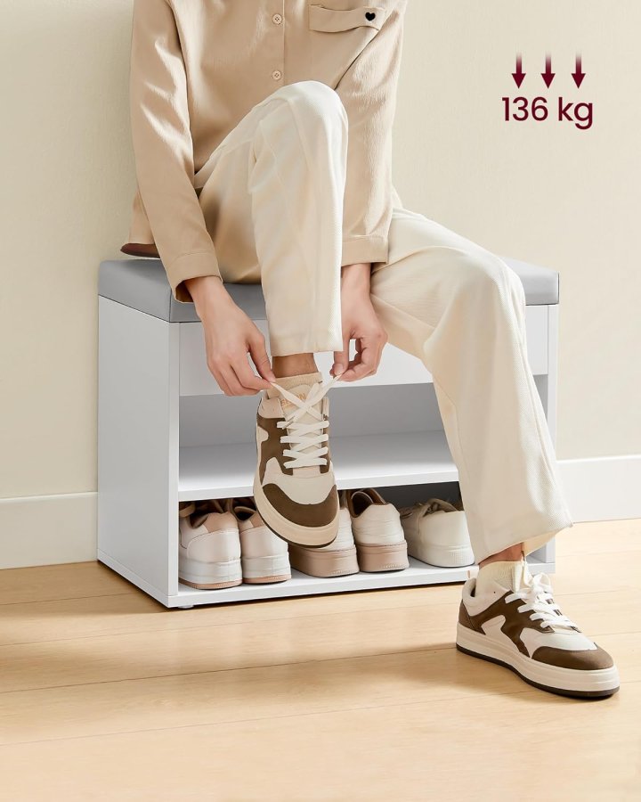 VASAGLE Skob�nk, B�nk, Skohylde med polstret hynde, Skoorganisator med 3 niveauer, 30 x 60 x 44 cm, til entr&eacute;, stue og sovev�relse, Cloud White LHS020W01